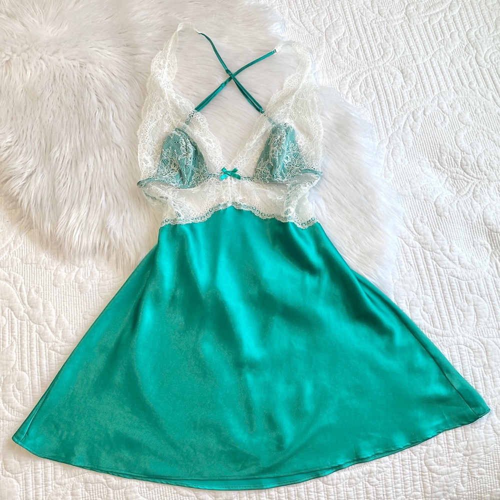Victoria's Secret Teal and White Lace Slip Dress